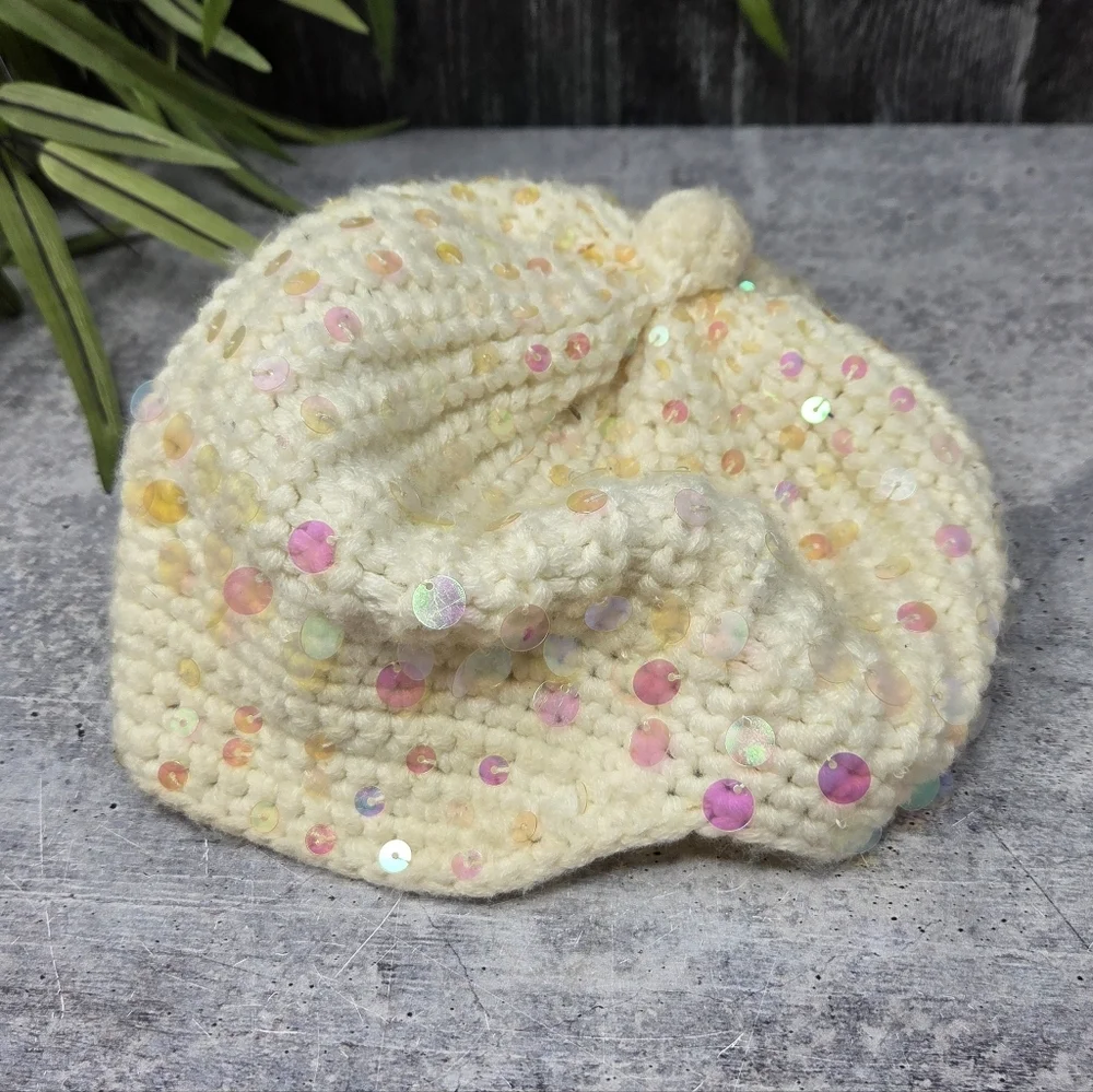 Justice Girls Cream Beanie Hat with Pastel Sequins